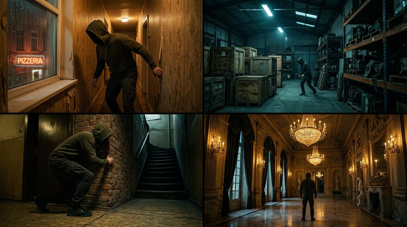 Homme en noir dans diff&eacute;rents environnements urbains contrast&eacute;s