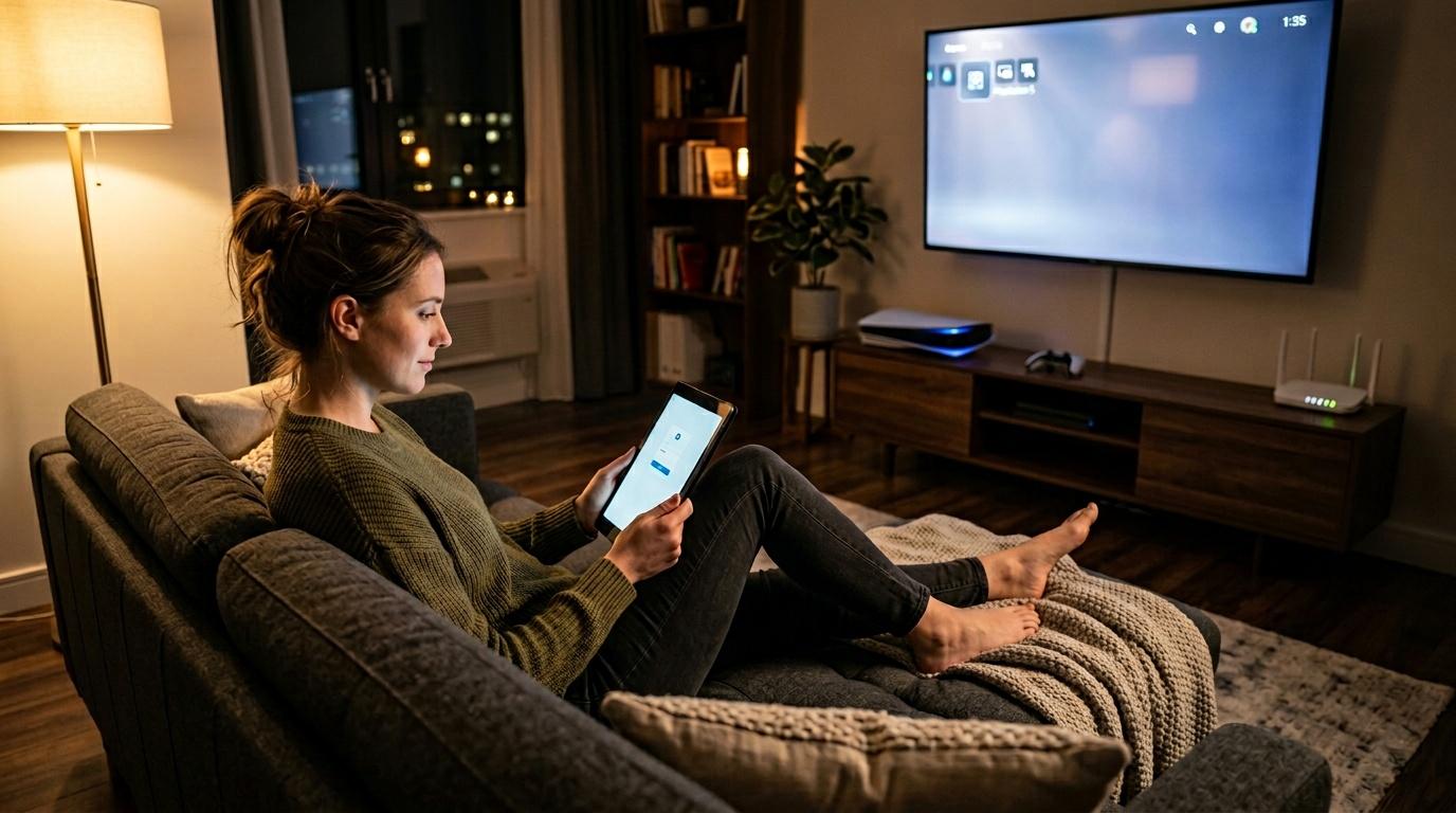 Femme contr&ocirc;lant sa maison intelligente via tablette