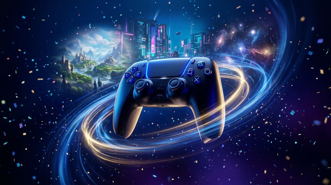 Manette de jeu futuriste entourée d'effets lumineux et mondes virtuels