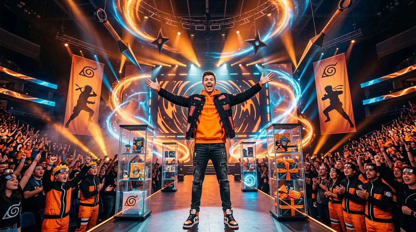 Fan enthousiaste sur scène lors d'événement Naruto avec foule