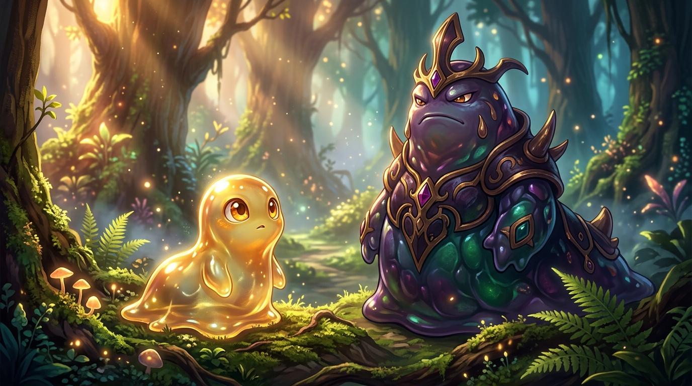 Deux cr&eacute;atures fantastiques lumineuses dans une for&ecirc;t mystique