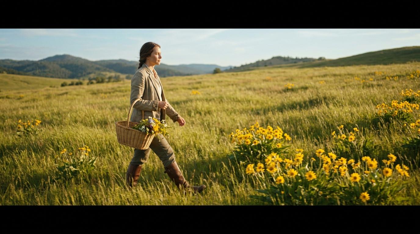 Femme cueillant des fleurs jaunes dans un champ verdoyant