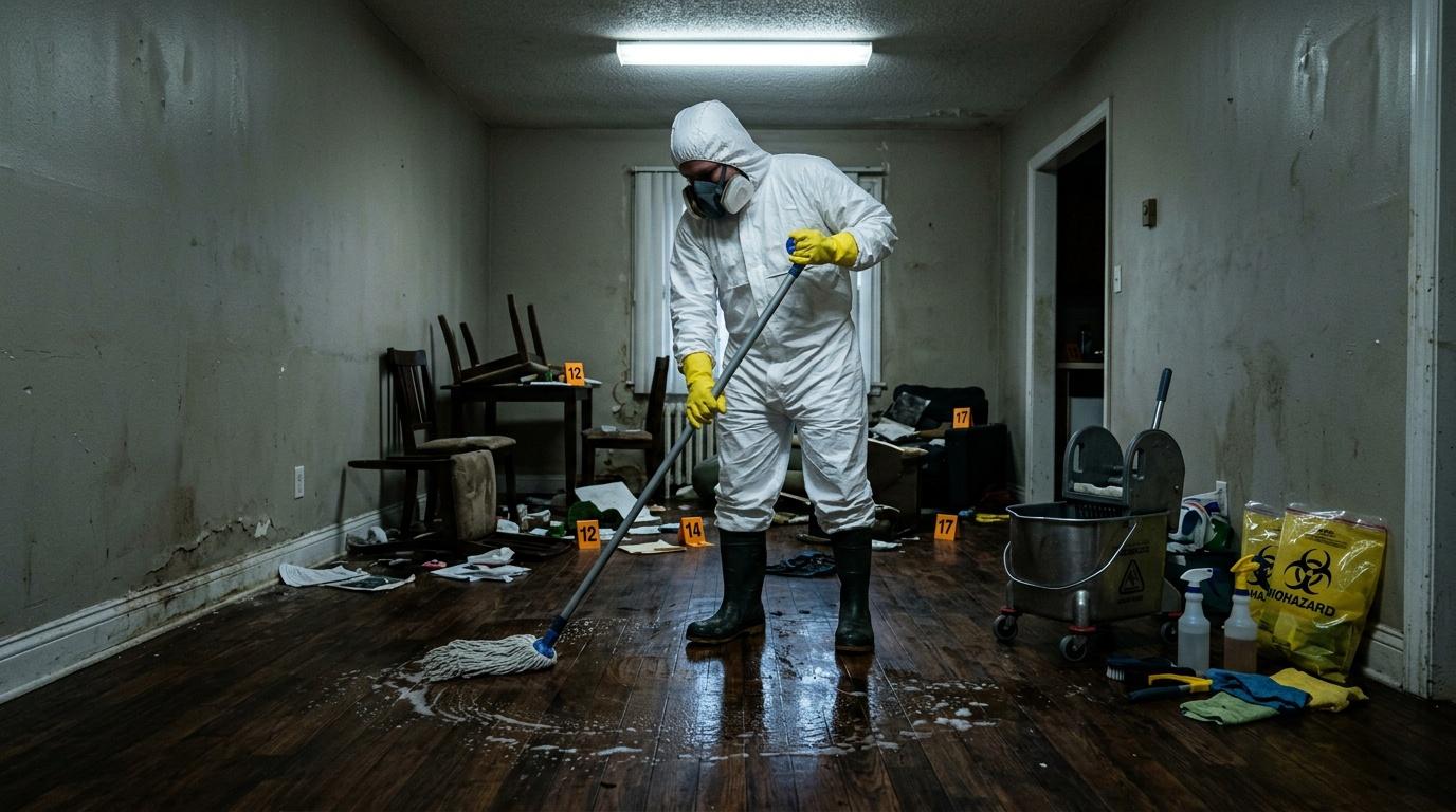 Technicien en combinaison blanche nettoyant une pièce contaminée