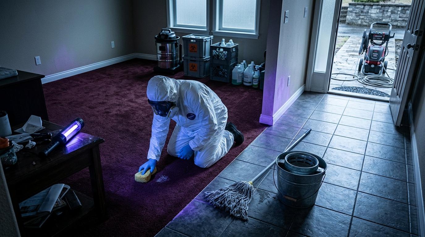 Professionnel en tenue de protection d&eacute;contaminant une maison