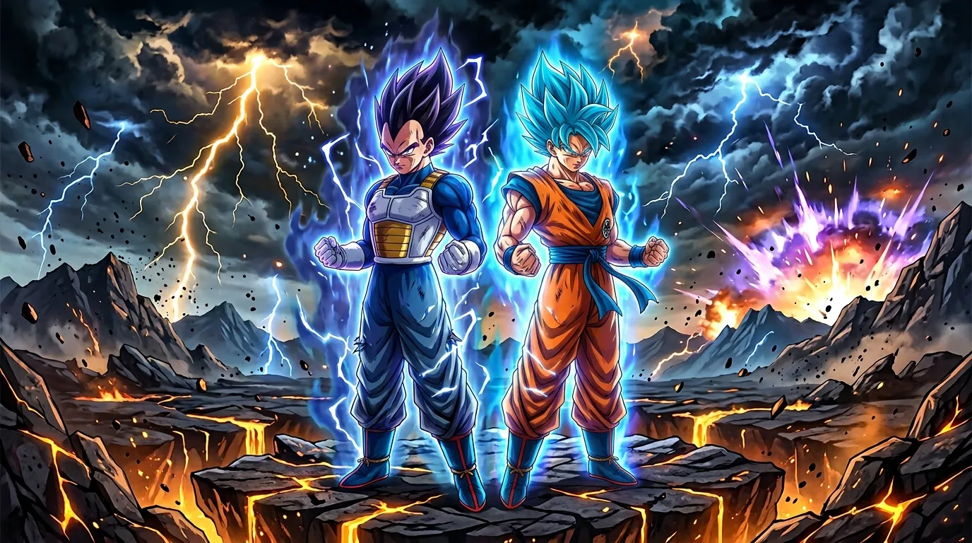 Deux personnages aux cheveux bleus et oranges entourés d'électricité