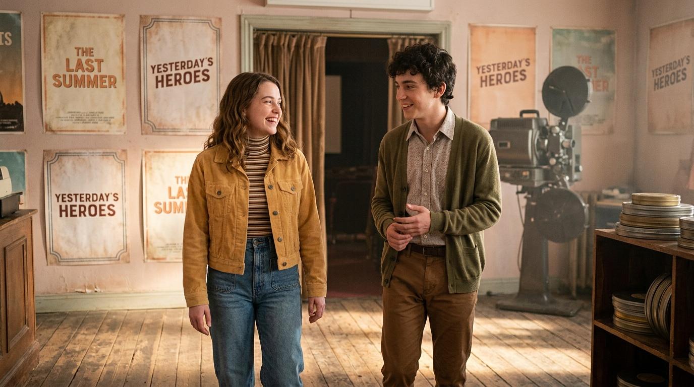 Jeune homme et femme discutant dans une projection cin&eacute;matographique vintage