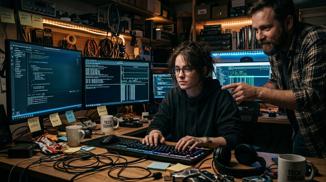 Deux d&eacute;veloppeurs travaillent ensemble sur des &eacute;crans de code