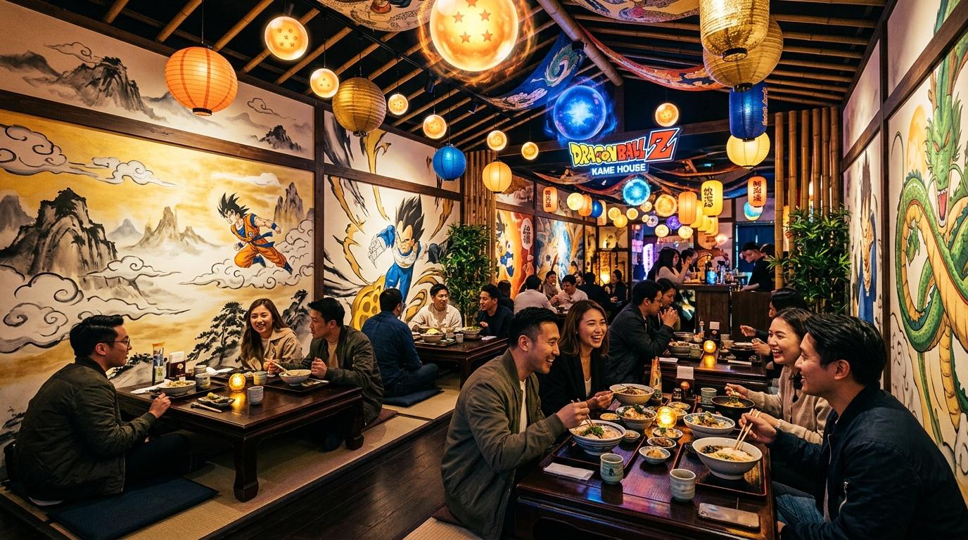 Restaurant thématique Dragon Ball Z avec clients mangeant des nouilles