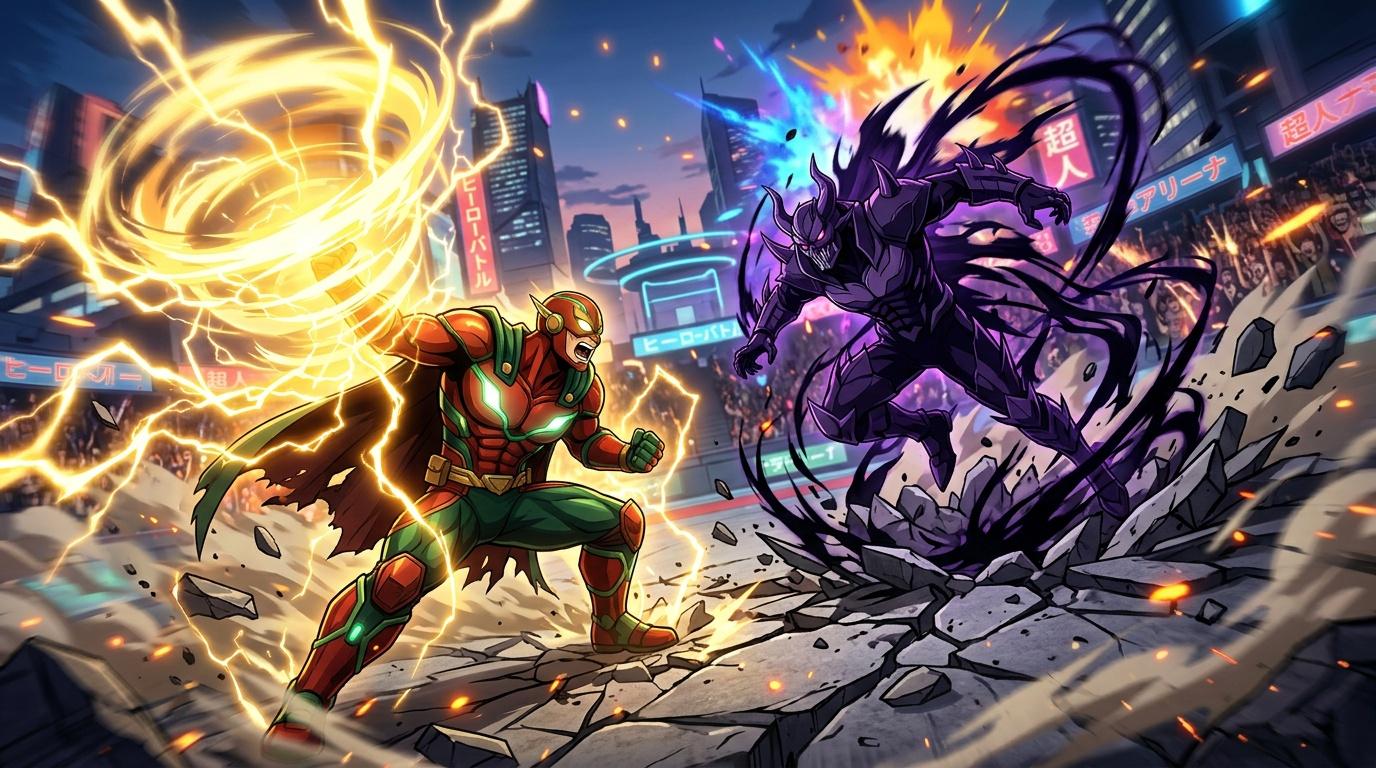 Superh&eacute;ros en armure rouge affrontant cr&eacute;ature violette futuriste