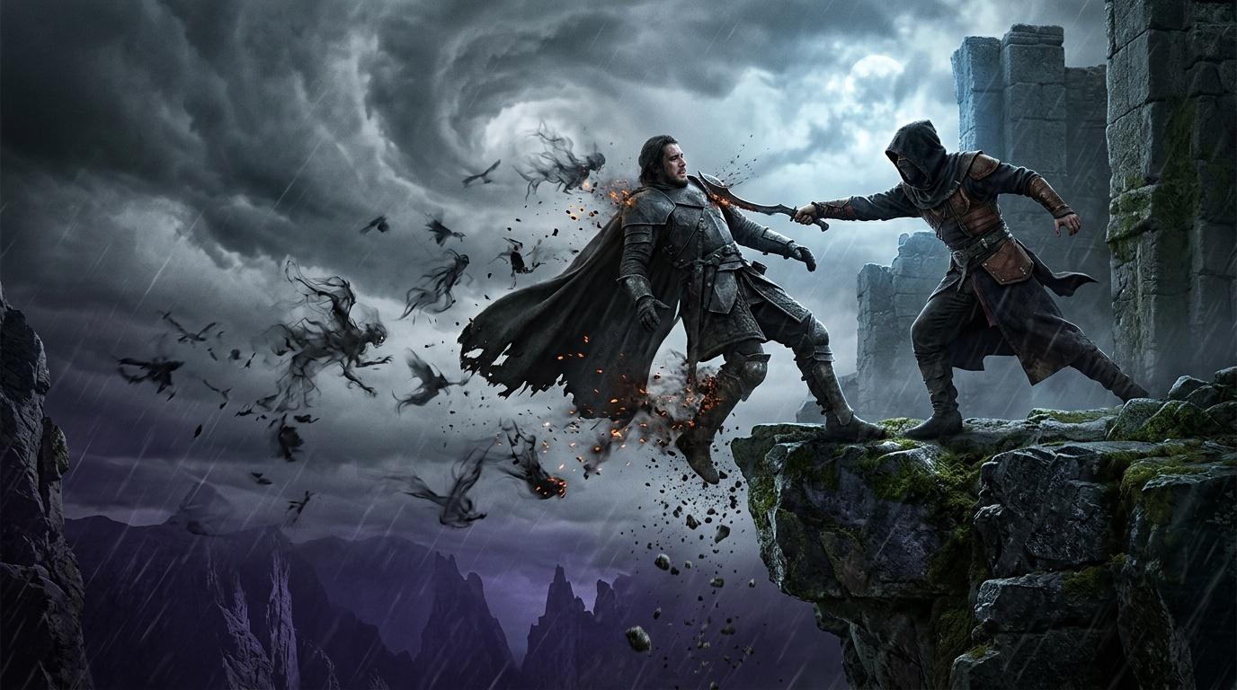 Deux guerriers s'affrontant parmi les ruines avec cr&eacute;atures magiques