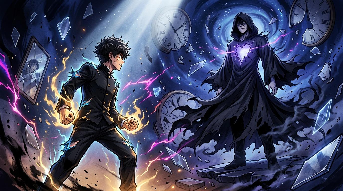 Deux mages s'affrontant avec pouvoirs magiques &eacute;tincelants et horloges