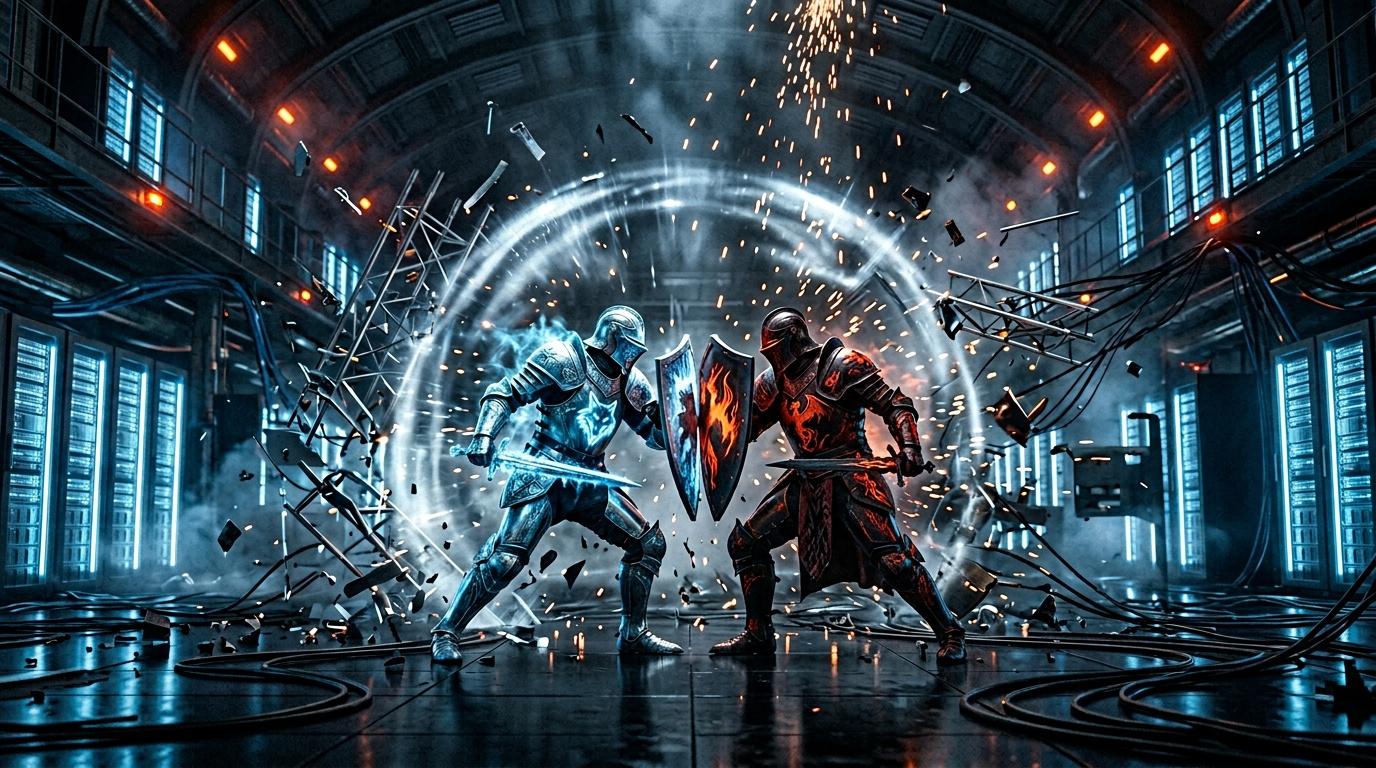 Deux guerriers arm&eacute;s s'affrontent dans une ar&egrave;ne haute technologie.