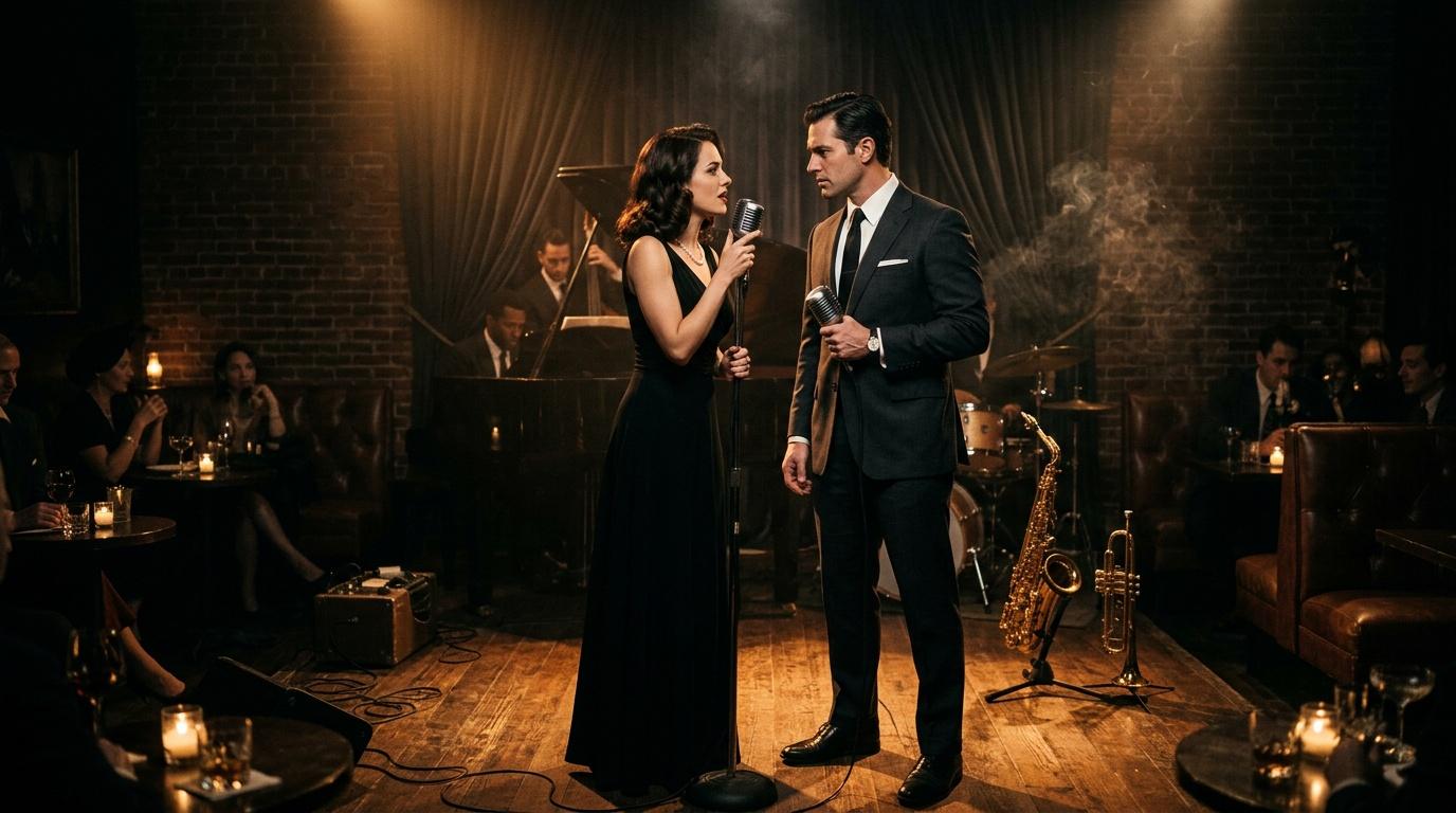 Deux chanteurs en tenue &eacute;l&eacute;gante performant au micro en club jazz