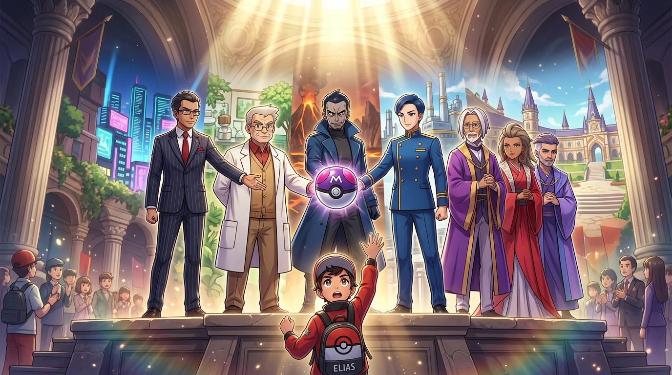 Jeune dresseur Elias entour&eacute; de sept mentors dans un hall majestueux