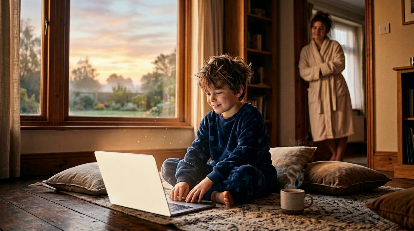 Enfant souriant utilisant un ordinateur portable dans une chambre lumineuse