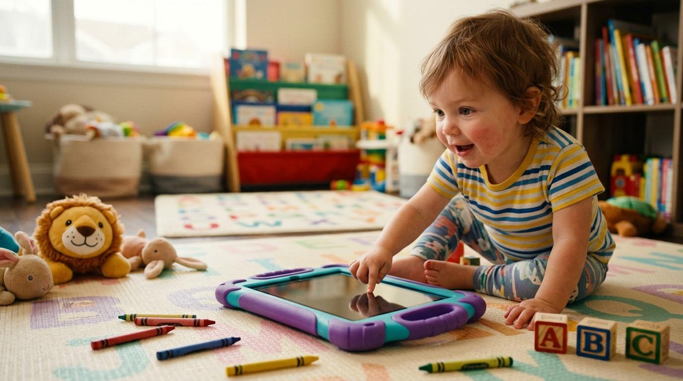 Petite fille souriante jouant avec tablette dans salle de jeux