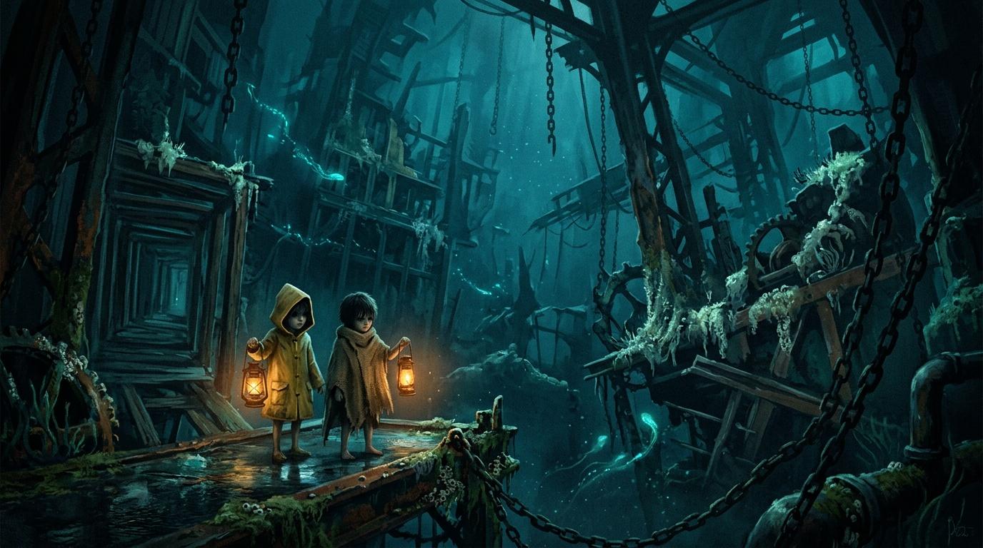 Deux enfants avec lanternes explorent une cité souterraine abandonnée