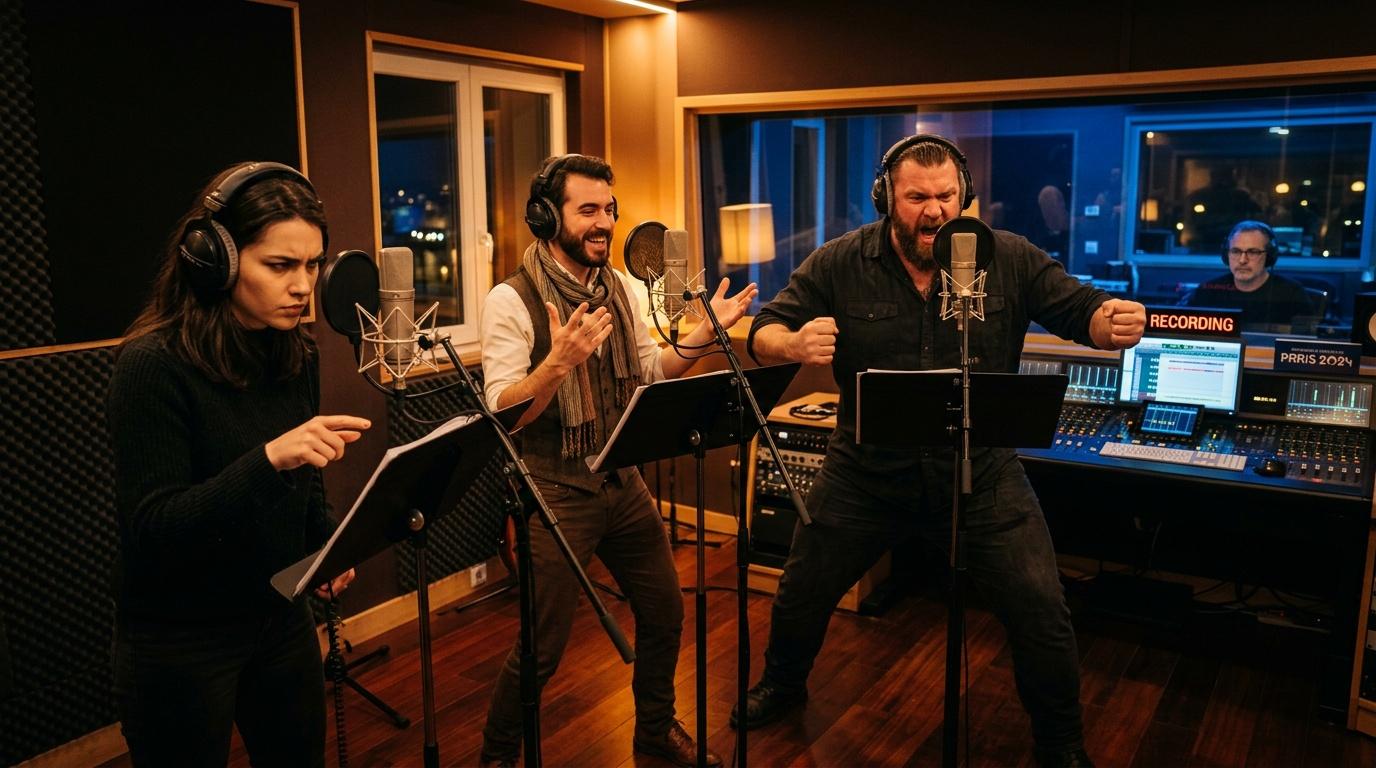 Trois artistes enregistrent en studio avec microphones et casques