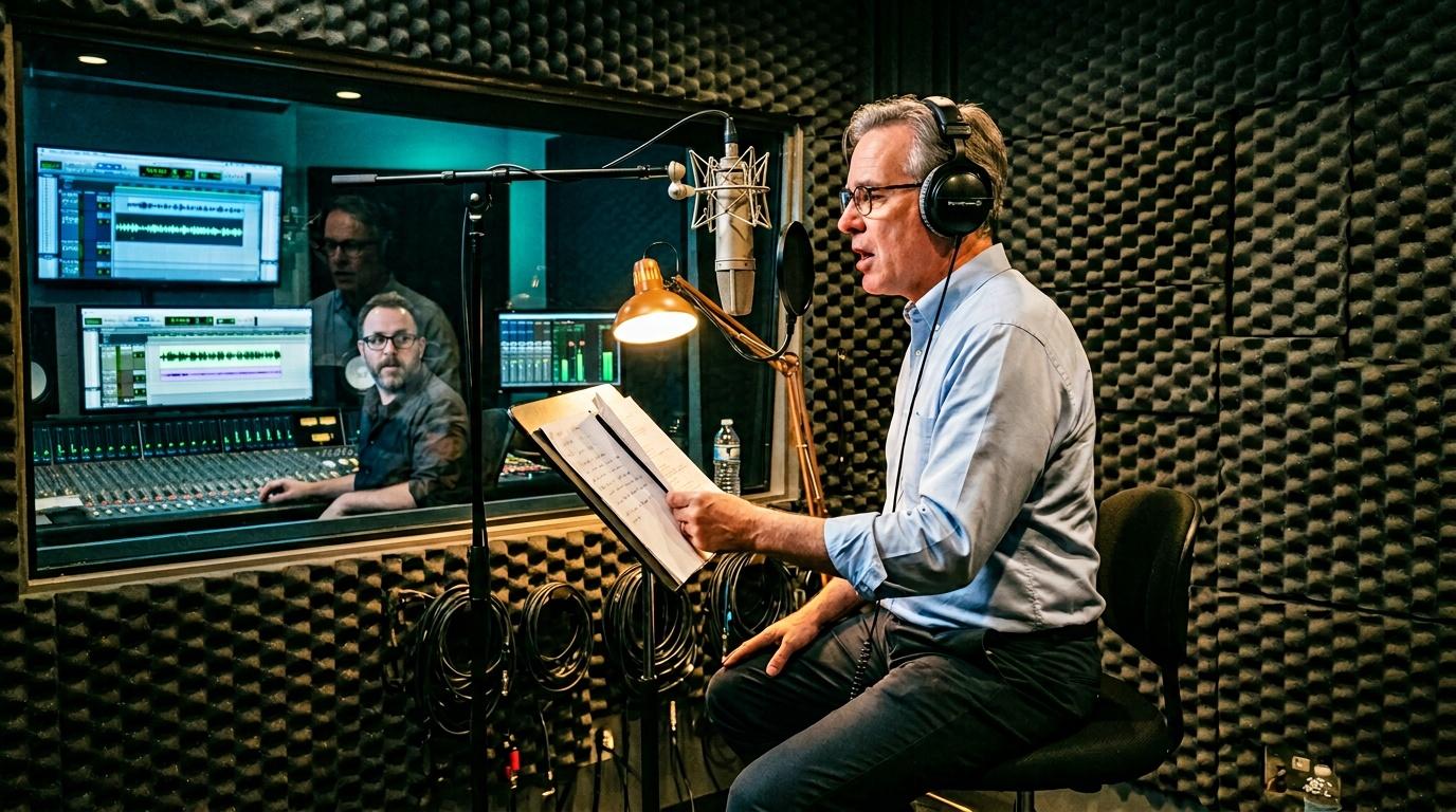 Homme enregistrant au microphone avec ing&eacute;nieur en contr&ocirc;le