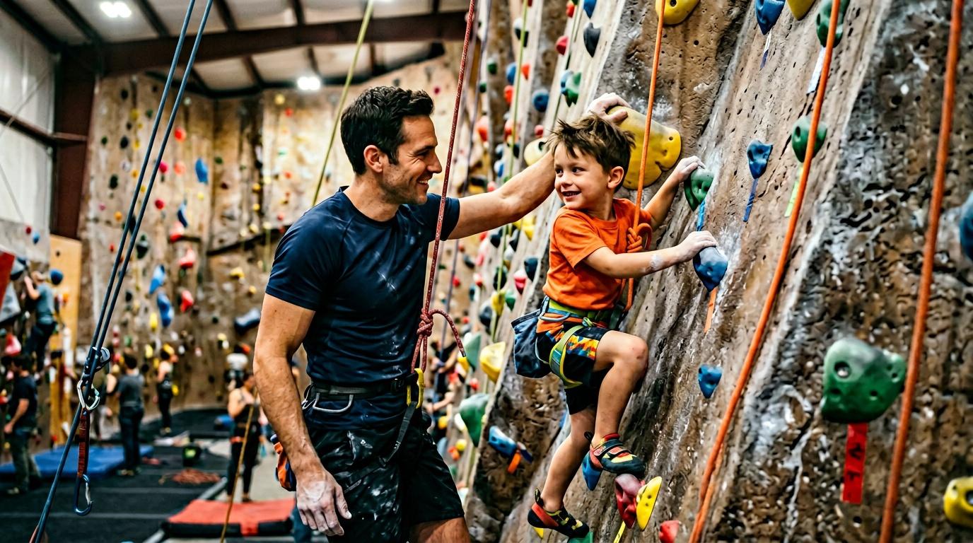 Un p&egrave;re et son fils escaladent un mur artificiel en salle de sport