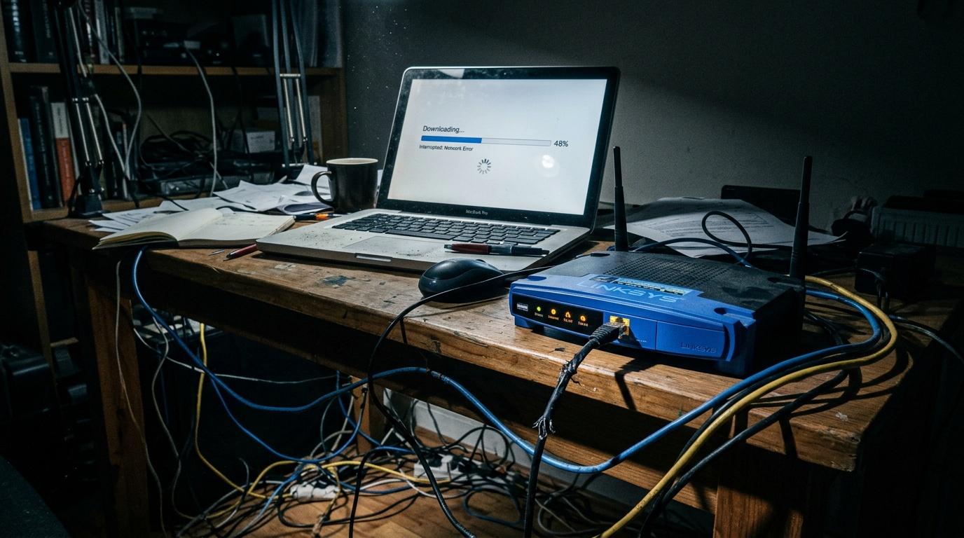 Ordinateur portable affichant erreur t&eacute;l&eacute;chargement r&eacute;seau sur bureau