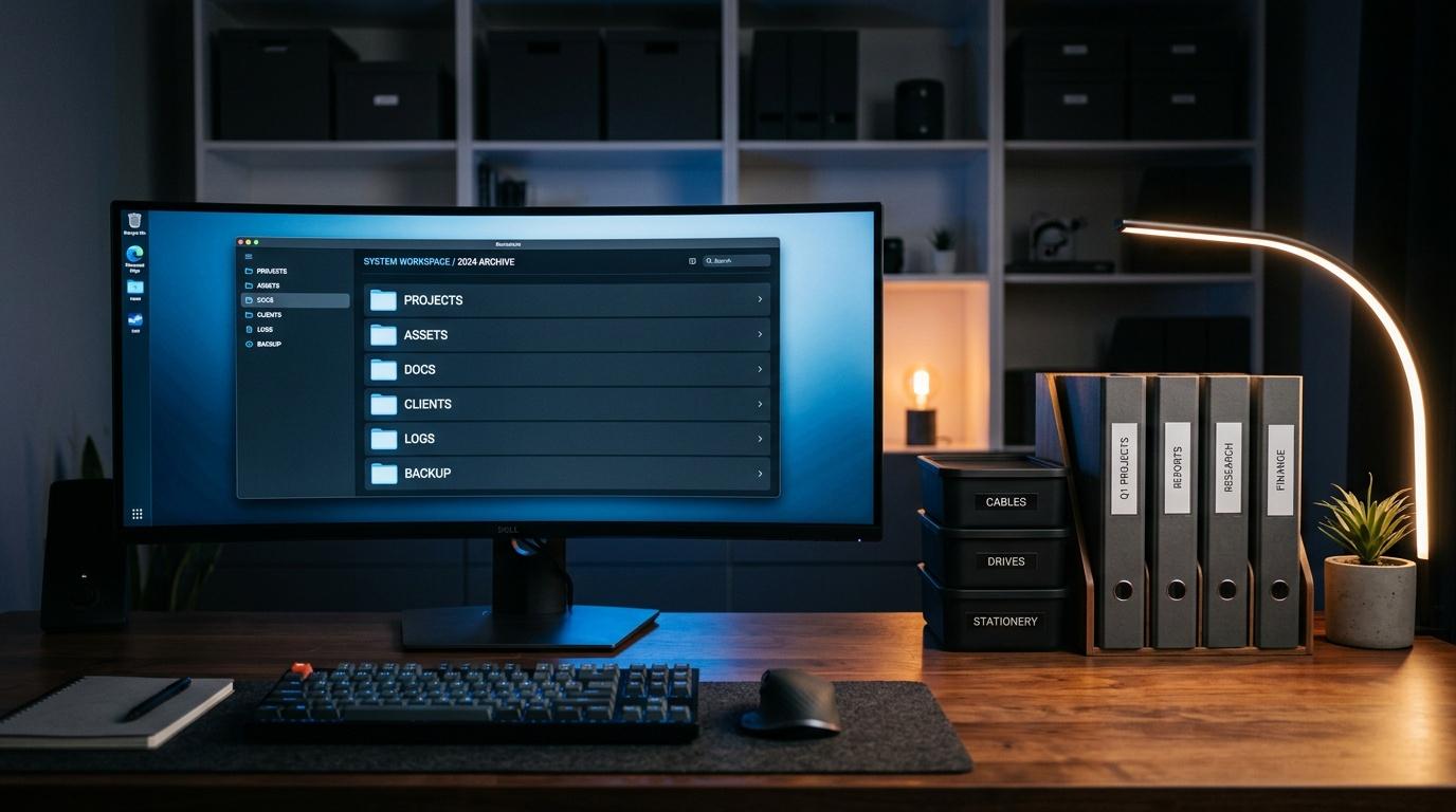 Bureau avec &eacute;cran affichant syst&egrave;me d'archivage num&eacute;rique