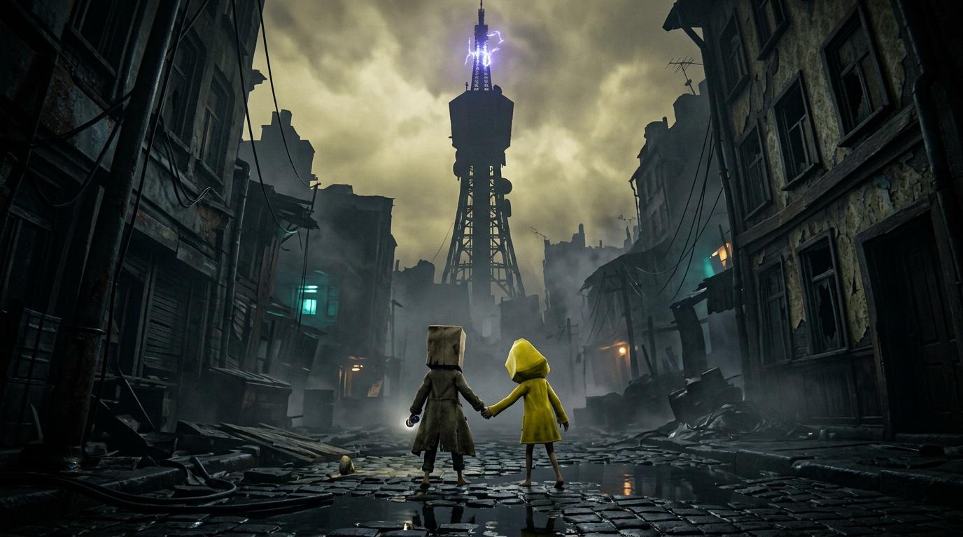 Deux enfants main dans la main dans ville apocalyptique d&eacute;truite