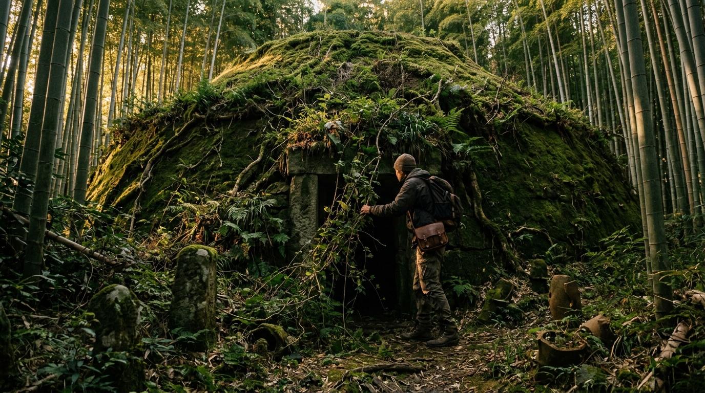 Explorateur découvrant une structure abandonnée envahie par la végétation