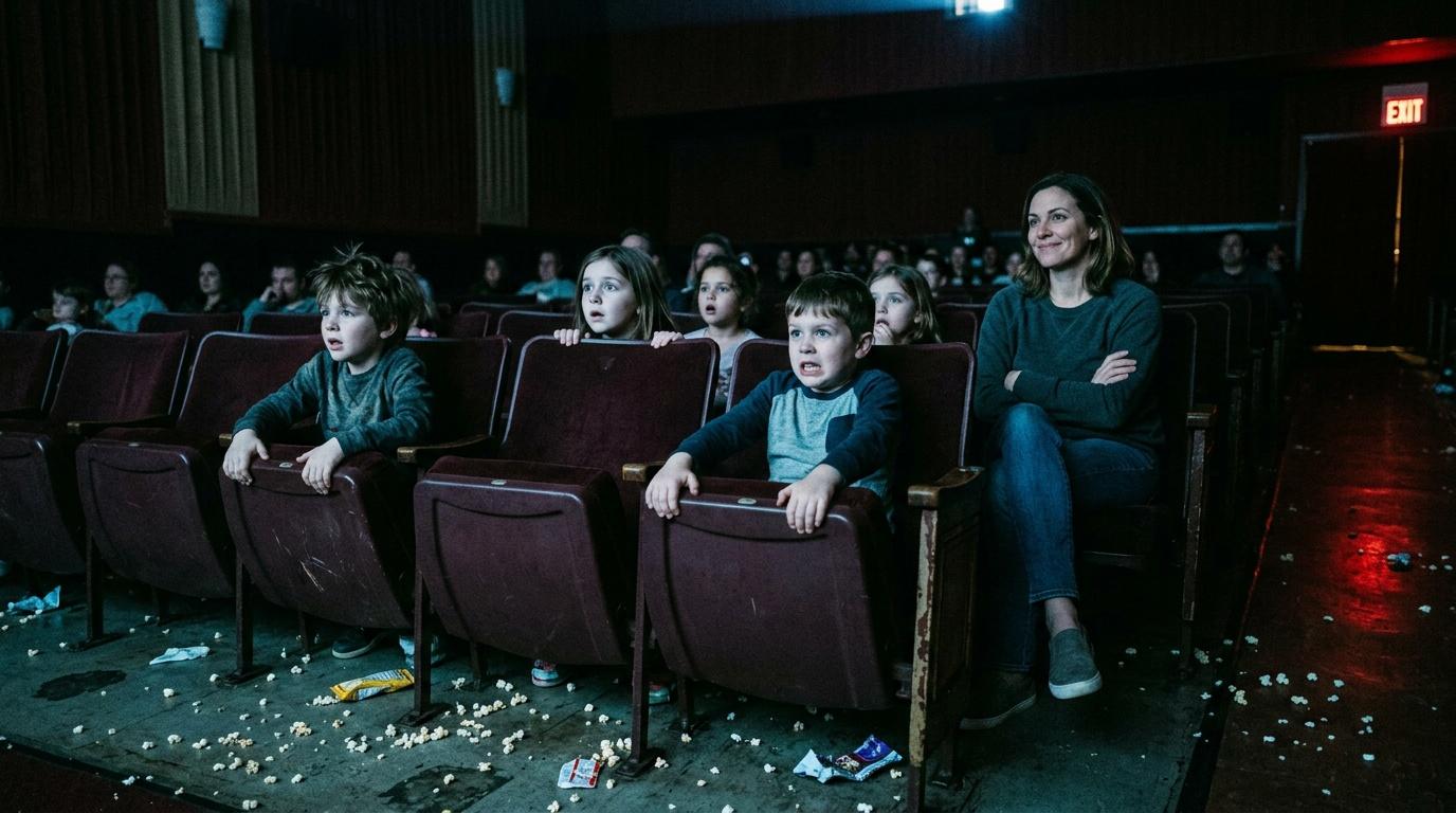Femme et enfants assis dans une salle de cin&eacute;ma