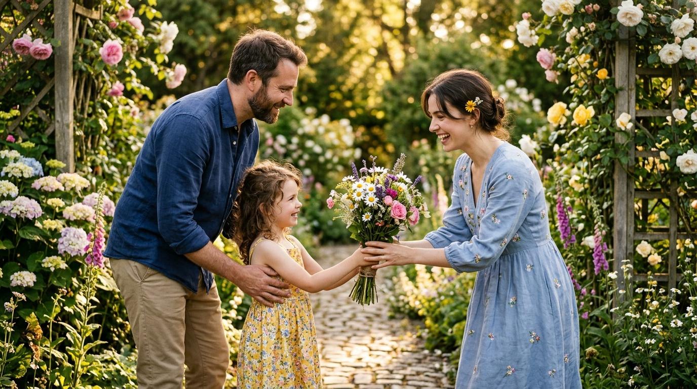 Petite fille offrant des fleurs &agrave; une femme dans un jardin