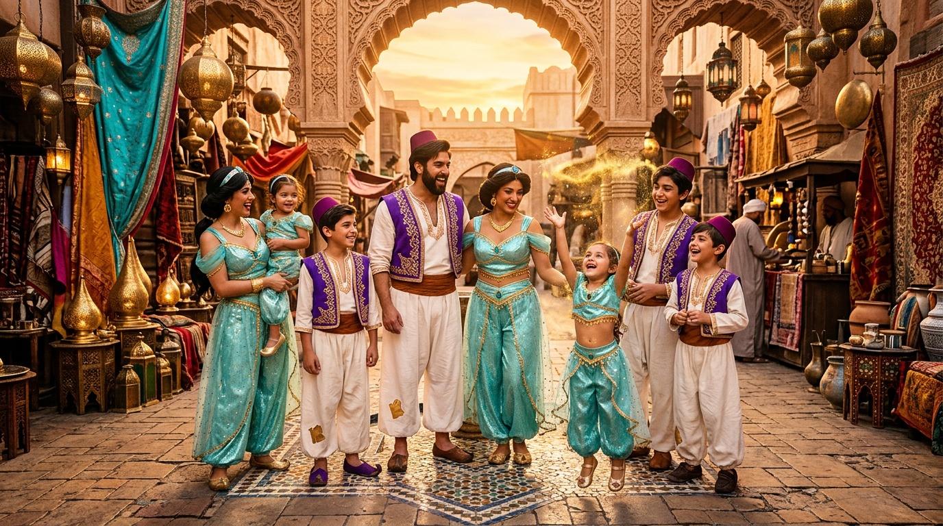Famille en costumes traditionnels dans un marché oriental pittoresque