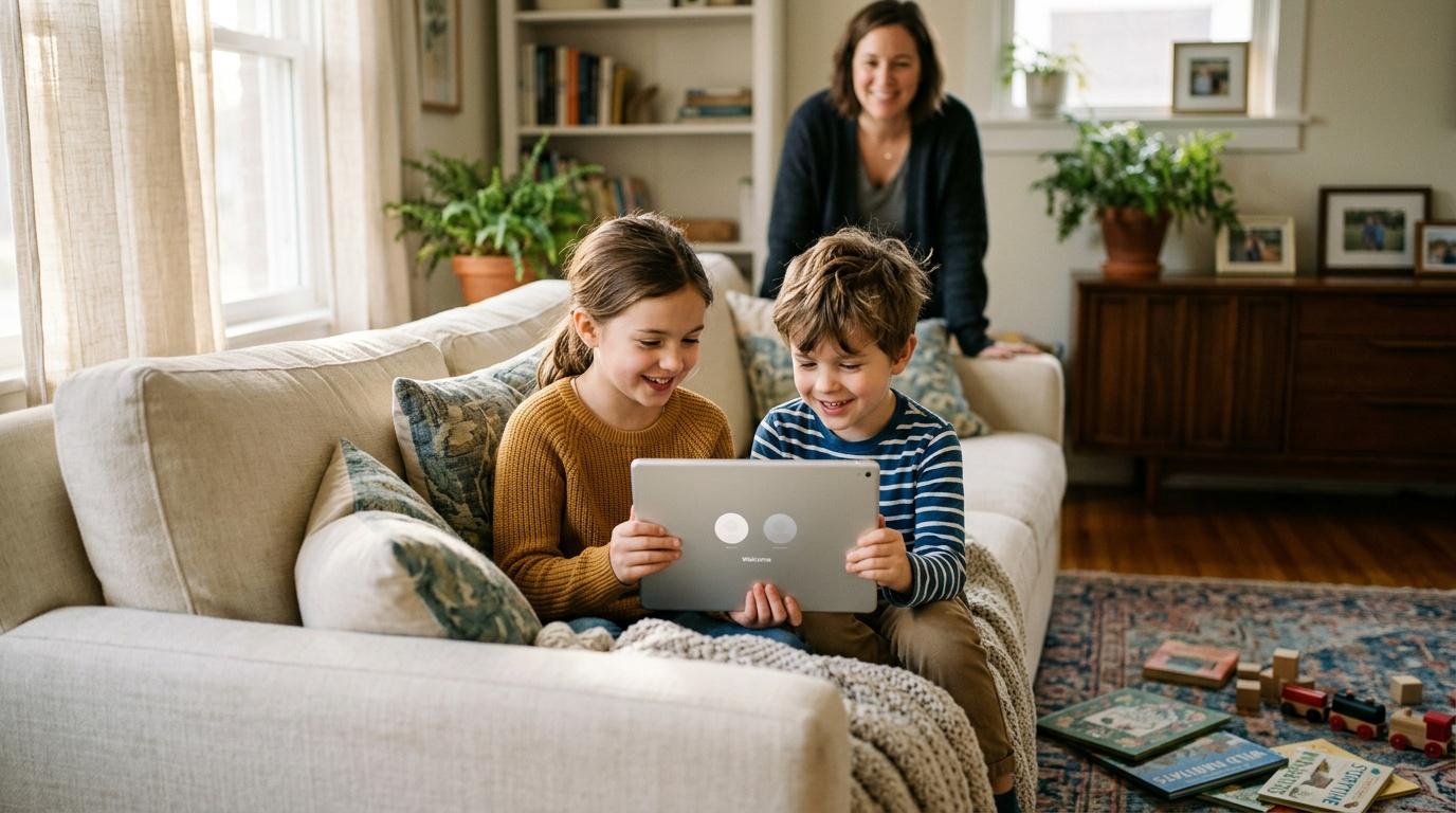 Deux enfants utilisent une tablette sur un canap&eacute;, m&egrave;re souriante en arri&egrave;re-plan