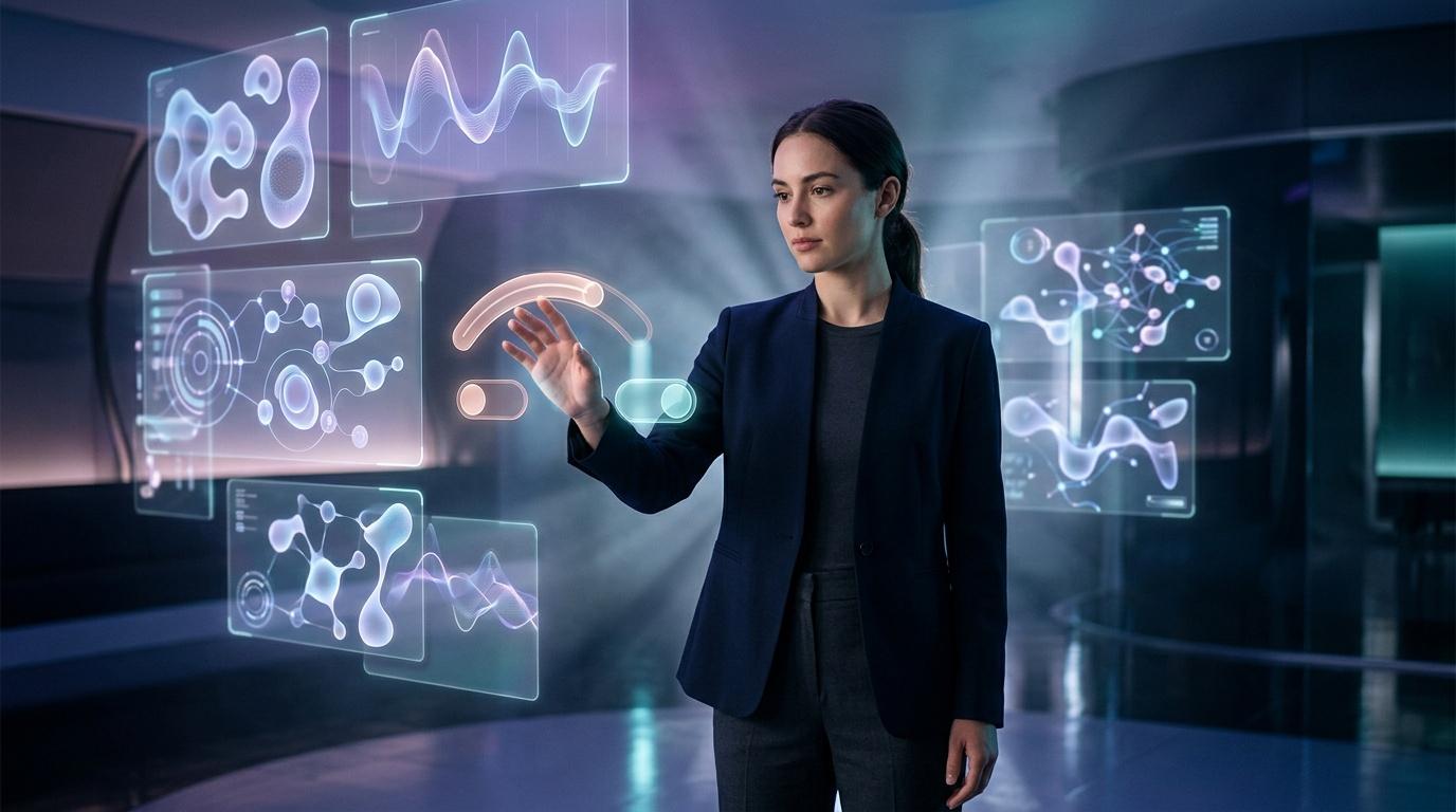 Femme en blazer manipulant des hologrammes technologiques luminescents