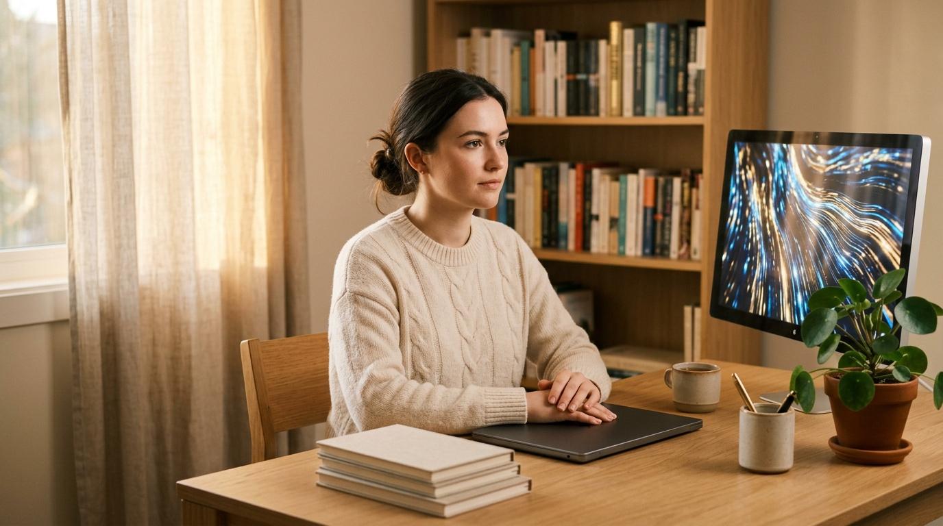 Femme assise &agrave; un bureau avec ordinateur et livres