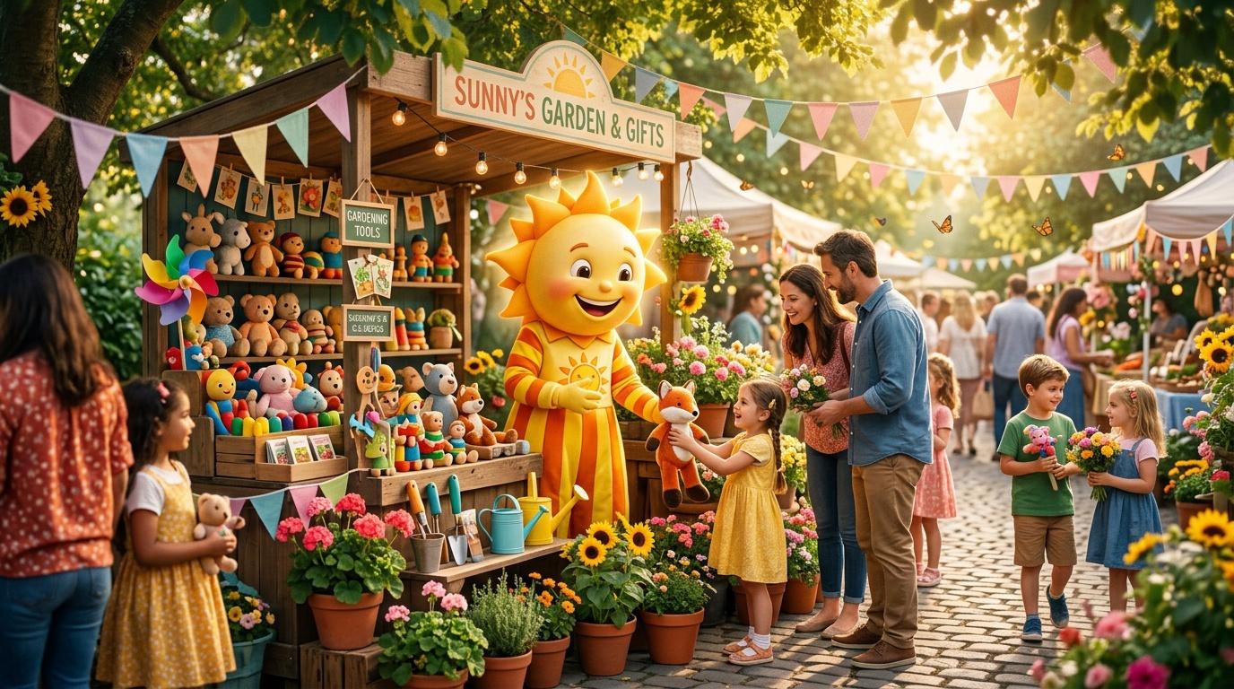 Mascotte solaire animant un marché de jardin festif avec familles
