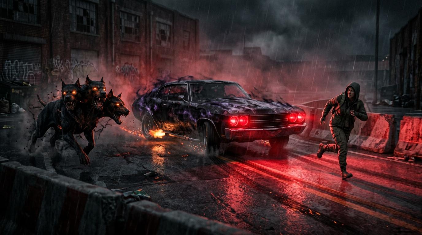 Homme fuyant des cr&eacute;atures d&eacute;moniaques dans une voiture rouge