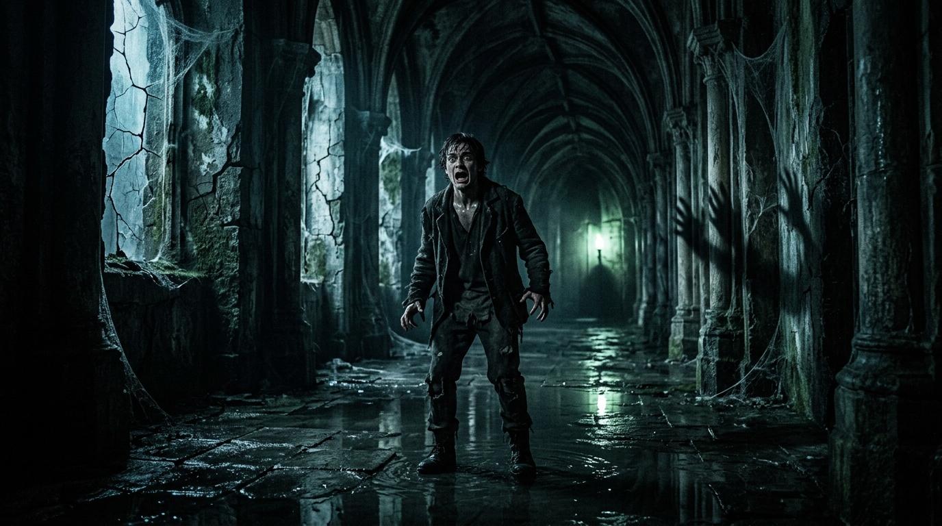 Homme fuyant dans un tunnel souterrain flooded d&eacute;cr&eacute;pi