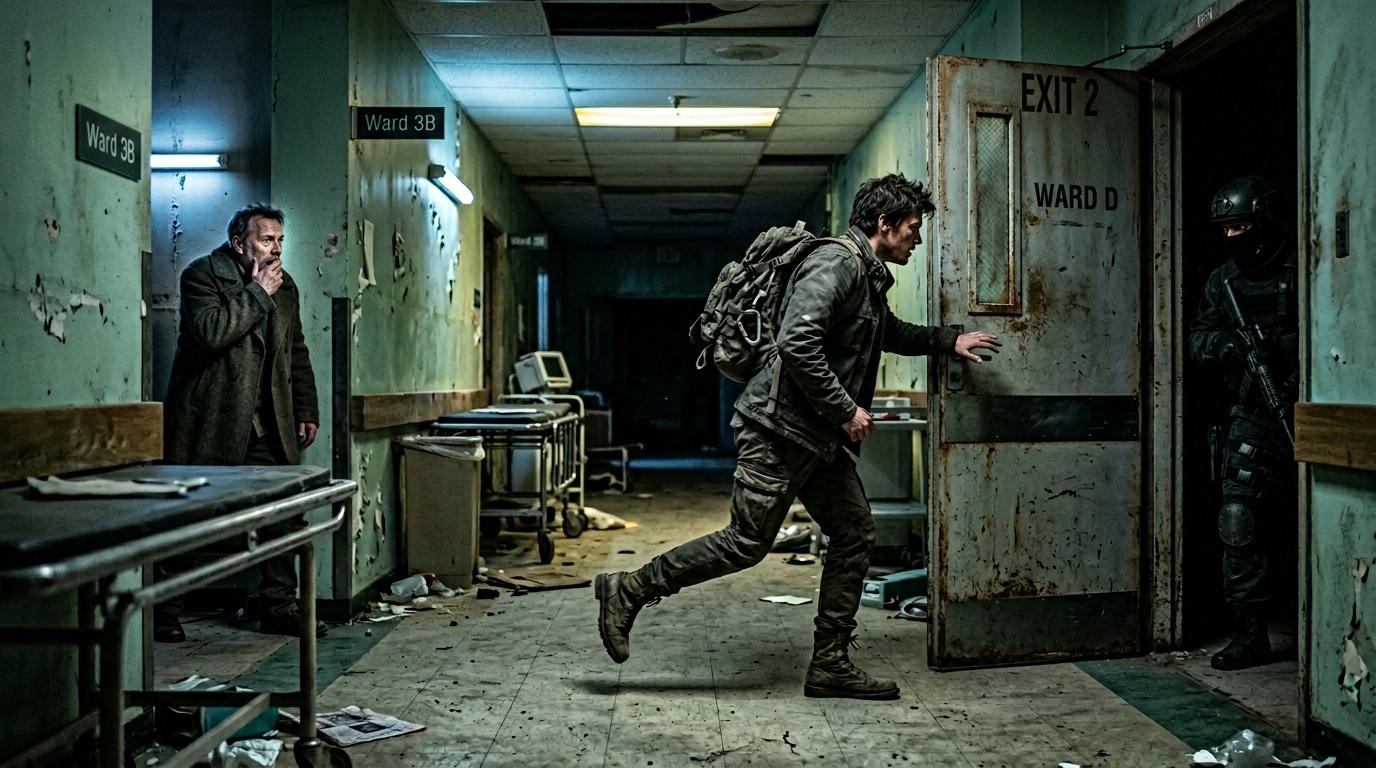 Homme arm&eacute; court dans couloir hospitalier d&eacute;labr&eacute;