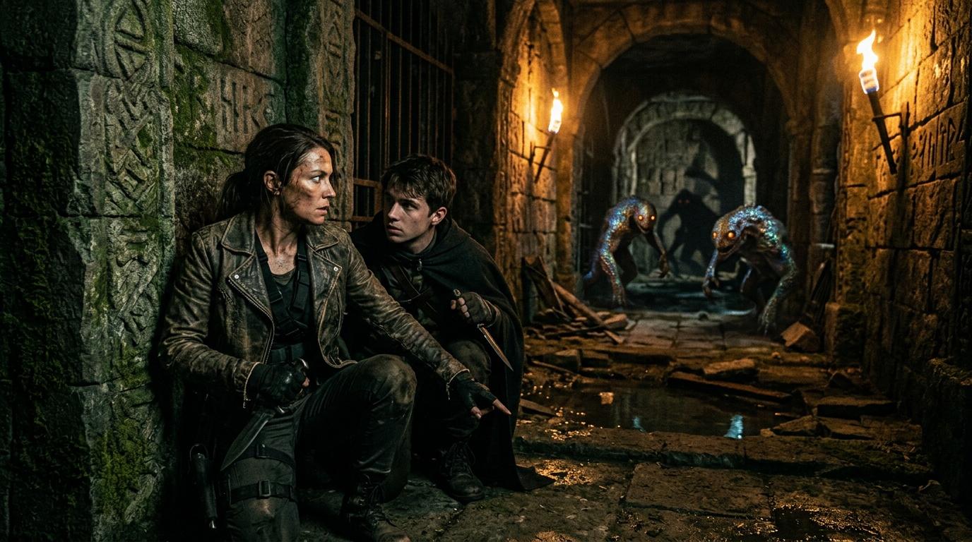 Deux personnages se cachent dans un tunnel souterrain ancien et sombre.