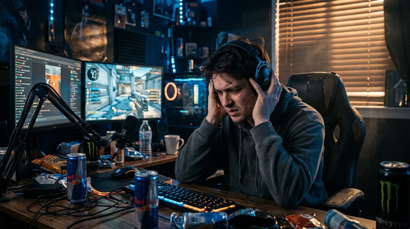 Jeune homme avec casque bleu jouant aux jeux vid&eacute;o tard le soir