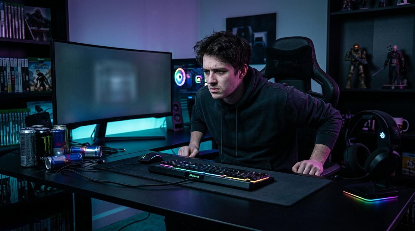 Homme jouant aux jeux vidéo à son bureau illuminé