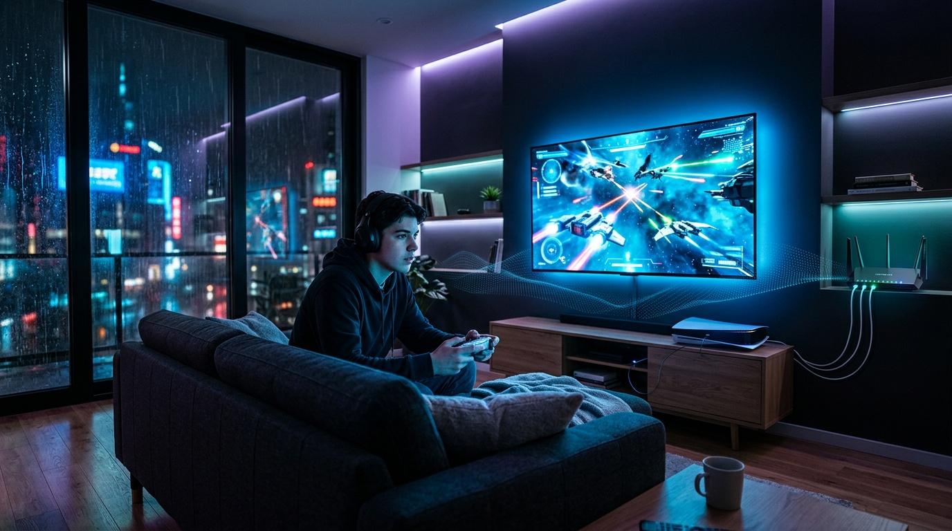 Jeune homme jouant aux jeux vid&eacute;o dans un salon high-tech moderne