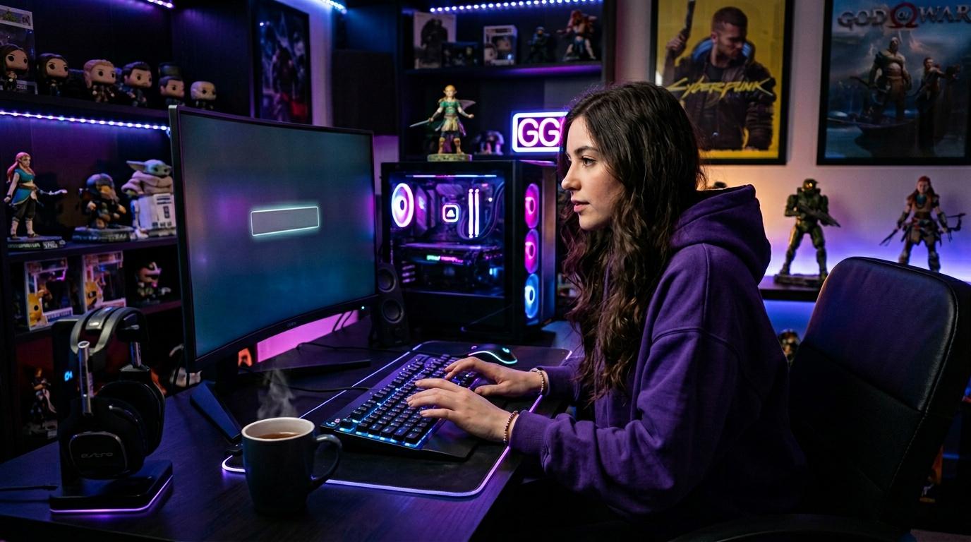 Jeune femme jouant sur ordinateur gaming illuminé néons