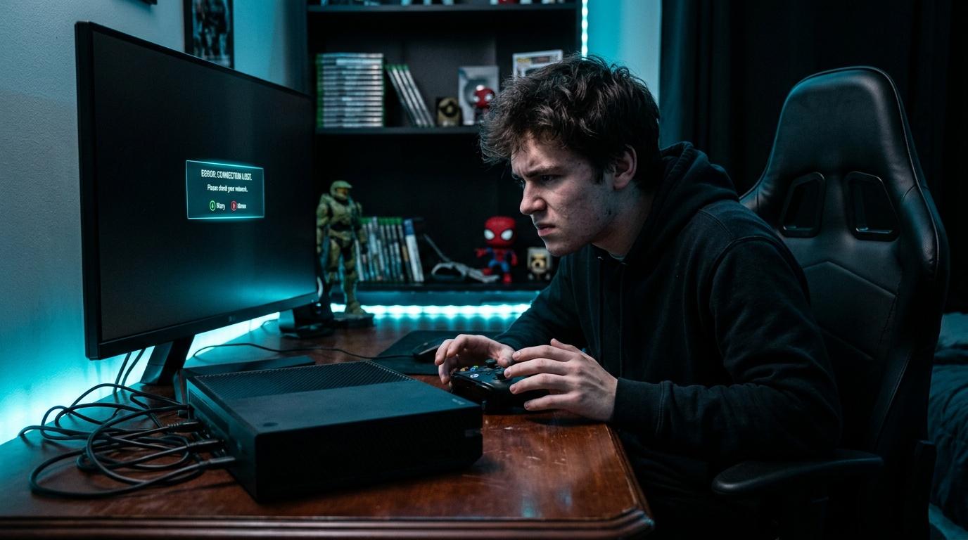 Jeune homme jouant aux jeux vidéo avec manette, écran affichant erreur.