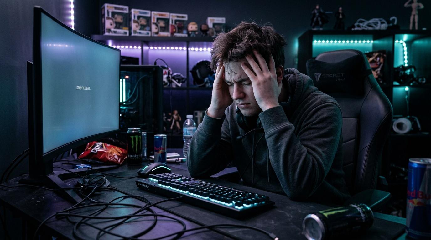 Joueur stressé devant son ordinateur gaming illuminé