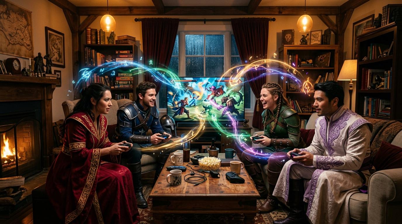 Quatre personnes jouent aux jeux vid&eacute;o dans un salon fantastique avec effets magiques lumineux.