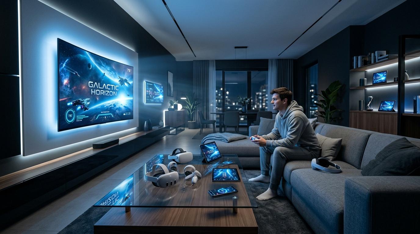 Homme jouant aux jeux vid&eacute;o dans un salon technologique avec &eacute;cran g&eacute;ant