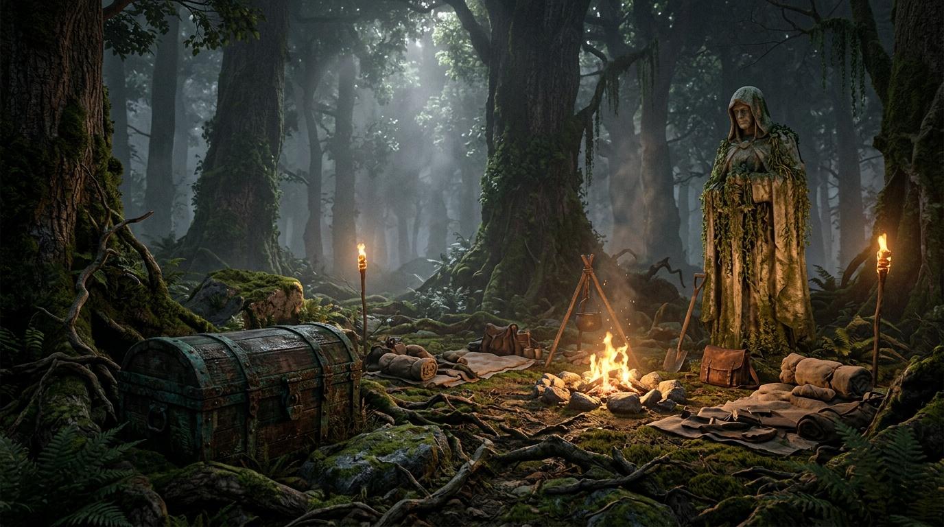 Femme en robe dor&eacute;e garde un tr&eacute;sor dans for&ecirc;t myst&eacute;rieuse