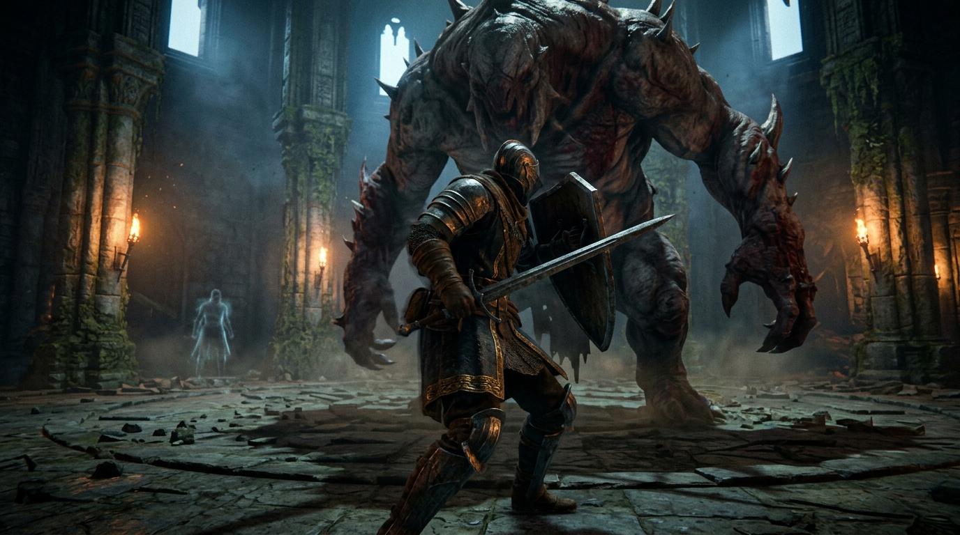 Chevalier arm&eacute; combat un monstre g&eacute;ant dans ruines gothiques