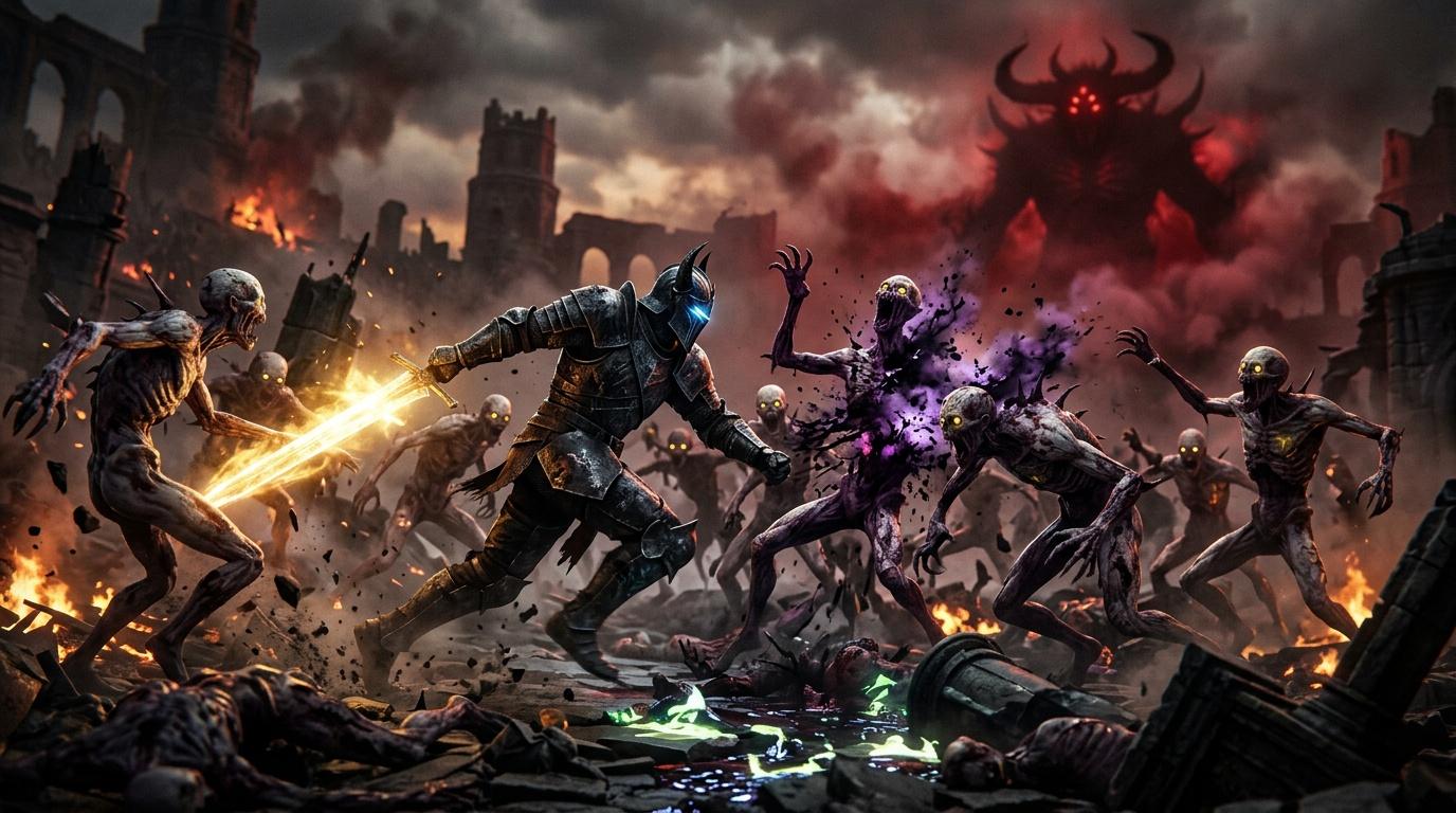 Chevalier arm&eacute; combat cr&eacute;atures magiques dans ville en ruines